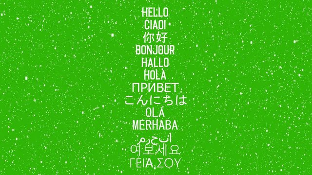 "Hello" word in 13 language. Isolated animated words, Italian, Chinese, French, German, Spanish, Russian, Japanese, Portuguese, Turkish, Arabic, Korean and Greek.