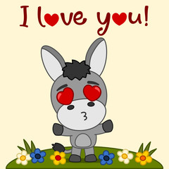 Obraz na płótnie Canvas Valentine's card - cute donkey with hearts in his eyes and text I love you