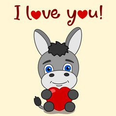 Obraz na płótnie Canvas Valentine's card - cute donkey with red heart and text I love you