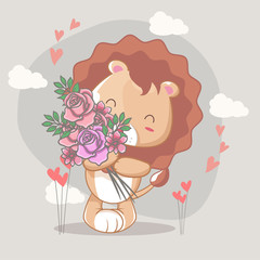 hand drawn happy cute lion with flowers for kids