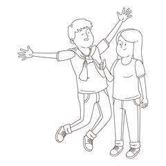 Teenagers friends smiling and having fun cartoon in black and white