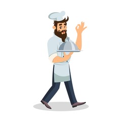 Bearded chef in cook cap keeping tray for hot dish and showing ok sign. Cheerful waiter carrying meal to guests. Food server in uniform. Vector cartoon illustration isolated on white background.