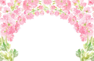 Obraz na płótnie Canvas Pink abstract floral watercolor horizontal frame wreath arrangement pastel color flowers and leaves hand painted background in circle for text greeting wedding card logo design isolated on white 