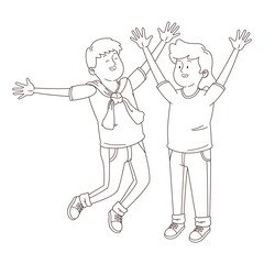 Teenagers friends smiling and having fun cartoon in black and white