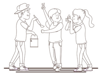 Teenagers friends smiling and having fun cartoon in black and white