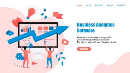 Webpage Template. Business analytics software blue arrow. Finance concept. 