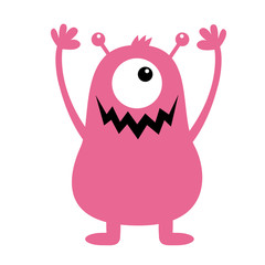 Monster pink silhouette. Cute cartoon kawaii scary funny character. Baby collection. One eye, fang tooth, hands, horns, hair. White background. Isolated. Happy Halloween. Flat design.