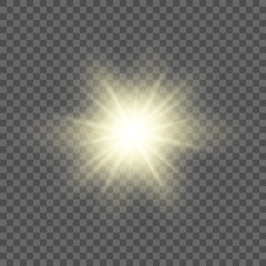 Gold glowing light burst explosion with transparent. Vector illustration for cool effect decoration with ray sparkles. Bright star. Transparent shine gradient glitter, bright flare. Glare texture.