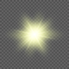 Gold glowing light burst explosion with transparent. Vector illustration for cool effect decoration with ray sparkles. Bright star. Transparent shine gradient glitter, bright flare. Glare texture.