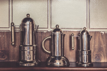 Three vintage Italian Bialetti coffee makers from stainless steel