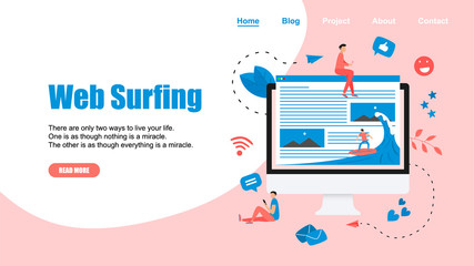 Webpage Template. Surfer surfing a wave web page vector illustration. Web page surfing concept.	