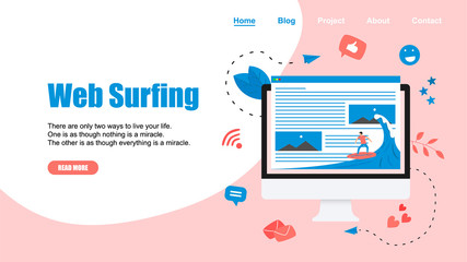 Webpage Template. Surfer surfing a wave web page vector illustration. Web page surfing concept.	