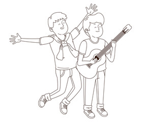 Teenagers friends smiling and having fun cartoon in black and white