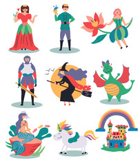 A set of fabulous illustrations witch, fairy, princess, prince, knight, mermaid, unicorn, castle, dragon. Fairy tales. Editable Vector Illustration