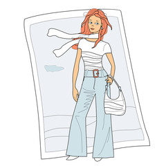 Girl in trousers and t-shirt with bag and scarf on a background of blue sky colored drawing