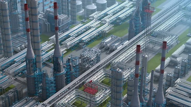 Oil and gas refinery plant factory, clear isometric view, industry petroleum zone, pipe steel and oil storage tank. Aerial drone fly over plant shot. 3D generated image. Ideal background shot plan.