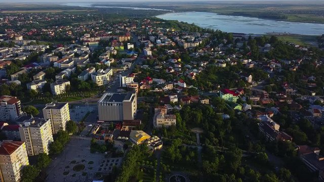 Aerial view of Slatina, Romania. Drone flight over the european city at sunset