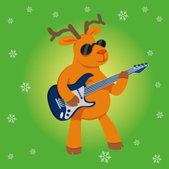 Christmas cartoon reindeer-musician plays the guitar. square green background