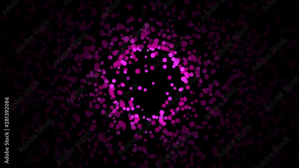 Poster beautiful abstraction of small colorful particles chaotically moving on the black background. animat