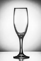 Empty champagne wine glass in black and white