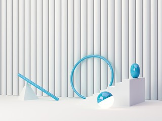 3d render minimal scene with geometrical forms. Minimal primitive blue shapes, stairs in a white abstract background. Scene to show a product. Plastic blue ring, sphere with light and cylinder.