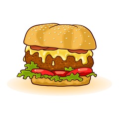 Big double burger with slices of beef patties, melted cheese, juicy red tomatoes, cucumber, lettuce, sauce, onions, mustard. All served in toasted bun. Fast food. Vector cartoon icon isolated on white