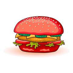 Red colored burger including beef patty, cheese, juicy red tomato, cucumber, lettuce, sauce, onions, mustard. All ingredient served in toasted bun. Fast food menu. Vector cartoon icon on white.
