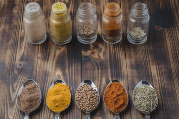 Colourful various spices in spoons and in glass jars on a wooden table. Top view. Cooking background.