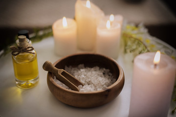 Salt Spa treatment set on wooden table