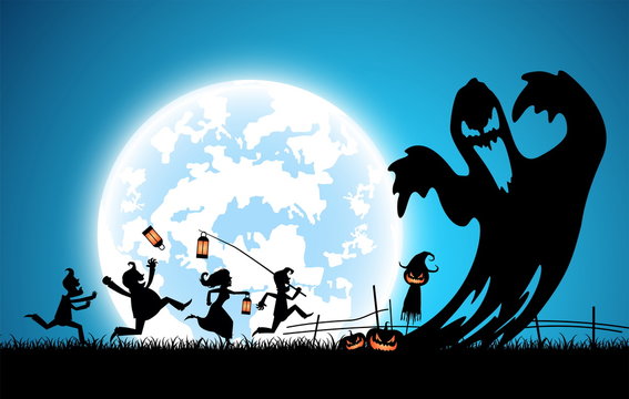 blue background concept,silhouette many people with men and women wearing as ghost for festival halloween,full moon on dark night with happy children for celebration halloween day at castle