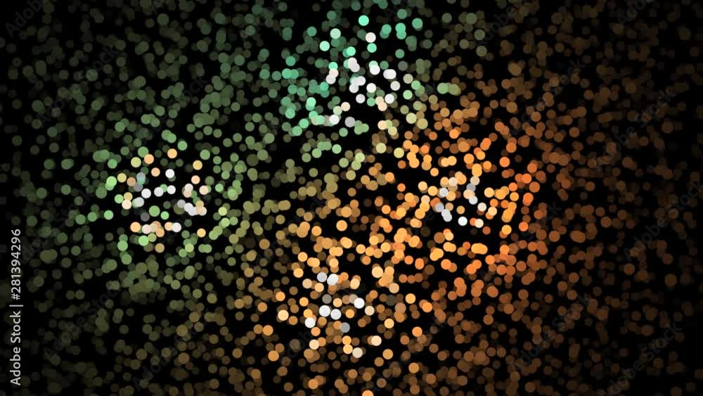 Poster Abstract animation of small colorful particles chaotically moving on the black background and changing a color. Animation. Dynamic colorful animation on the black background