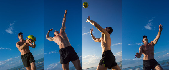 a man in different poses playing beach volleyball