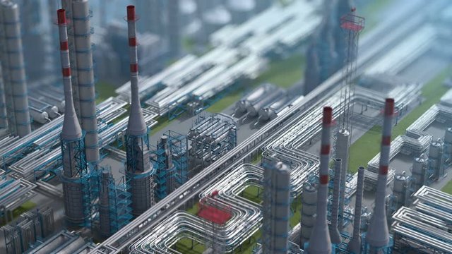 Oil and gas refinery plant factory, clear isometric view, defocus shot, industry petroleum zone, pipe steel and oil storage tank. Aerial drone fly over plant shot. 3D generated image. Background plan.