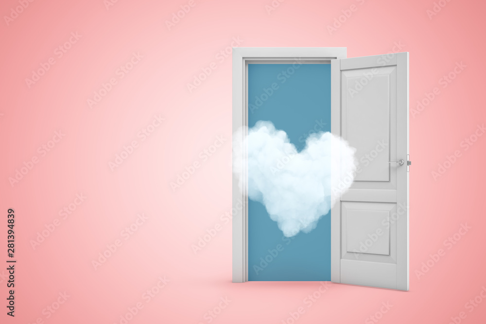 Poster 3d rendering of thin heart-shaped cloud flying out from open doorway on pink gradient copyspace back