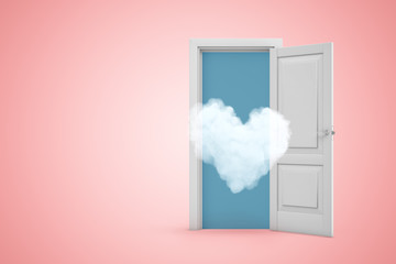 3d rendering of thin heart-shaped cloud flying out from open doorway on pink gradient copyspace background.