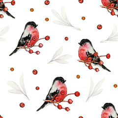 Watercolor background. Vintage seamless texture of bullfinches on a branch with berries.