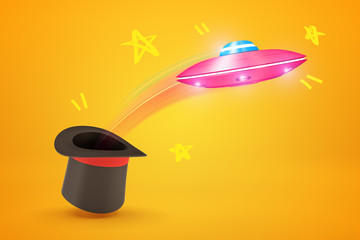 3d rendering of pink metal UFO flying out of black top hat on yellow background