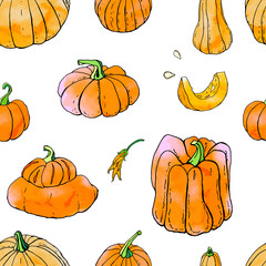 Seamless pattern from bright orange autumn pumpkin doodles. Fall harvest. Vector stock set. Cute icons with watercolor texture. Can be used for printed materials. Hand drawn. Halloween, thanksgiven.