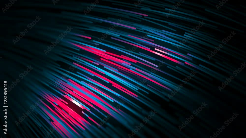Poster abstract animation of colorful neon straws floating on the black background and changing their color
