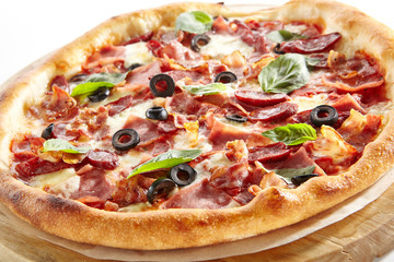 Meat Mix Pizza with Parma Ham Isolated on White Background