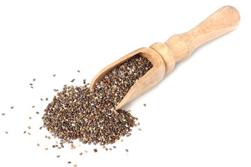 Chia seeds in wooden spoon isolated on white background.