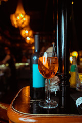 Empty wine glasses on the table at a party at night club.