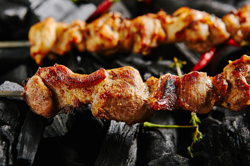Hot Grilled Pork Kebab or Barbecue Shashlik