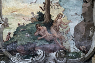 Adam and Eve in the Garden of Eden, fresco on the ceiling of the Saint John the Baptist church in...