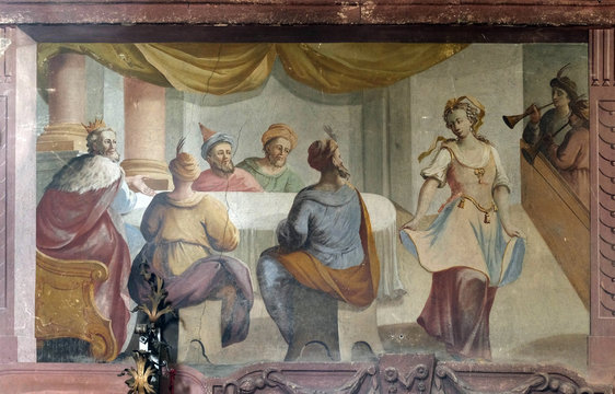 Herod's Banquet, fresco on the ceiling of the Saint John the Baptist church in Zagreb, Croatia