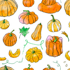 Seamless pattern from bright orange autumn pumpkin doodles. Fall harvest. Vector stock set. Cute icons with watercolor texture. Can be used for printed materials. Hand drawn. Halloween, thanksgiven.
