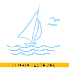 Sailing yacht in the sea icon. Line doodle sketch. Editable stroke icon.