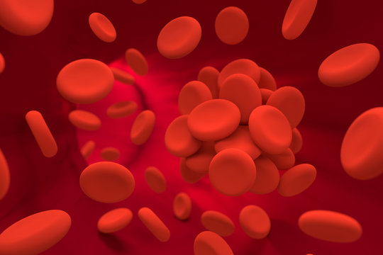 Erythrocytes stuck together under the influence of alcohol, the blood reaction to alcohol, 3d rendering
