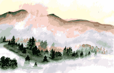 Drawing nature, landscape, mountain, lake, sky...