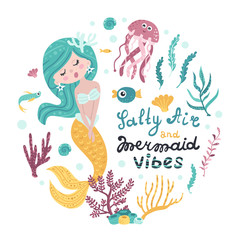 Poster with mermaid, sea animals and lettering